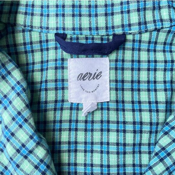 Aerie Green Plaid Flannel Pajama Shirt Top Cropped Relaxed Fit - Size Medium - Picture 7 of 10